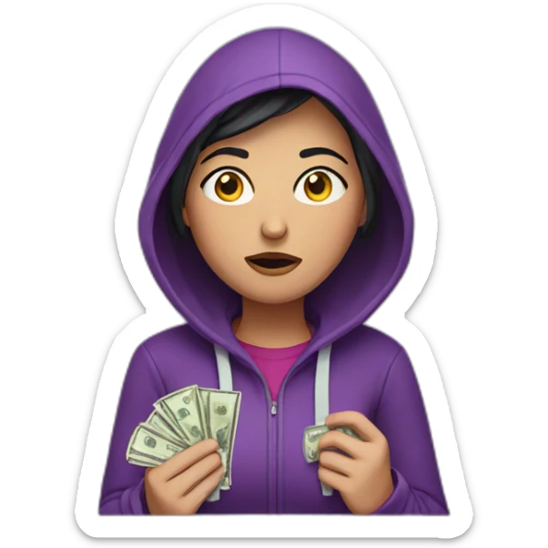 Armenian woman with purple hoodie and unhappy face and lost money sticker