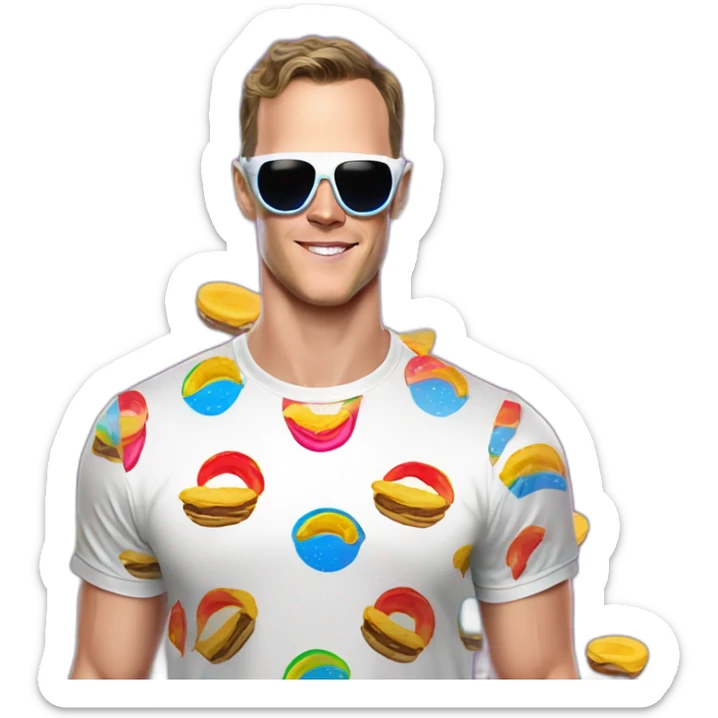 Fancy disco Jonathan Toews wearing rainbow lace shirt and wearing VR glasses and eating a moon pie sticker