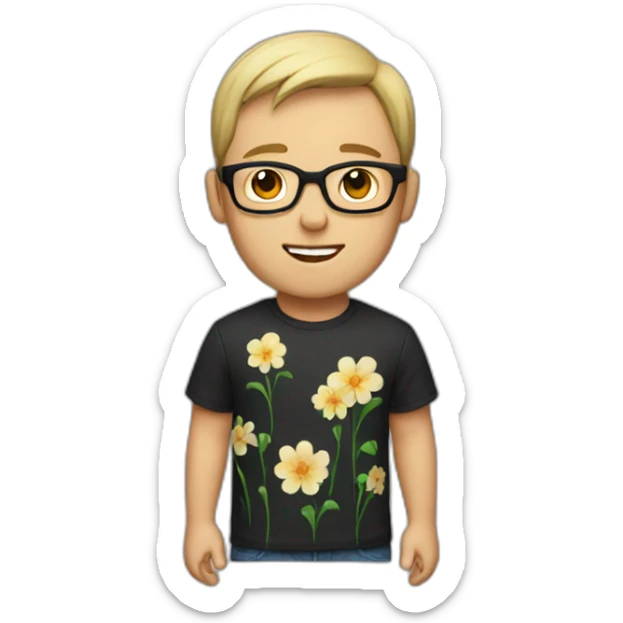 white guy with short hair wearing glasses and dark t-shirt with flowers print sticker
