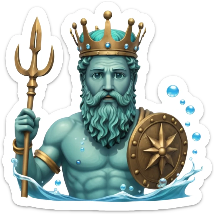 Bust of Poseidon underwater, Greek god with beard and crown, sea god statue with trident, bubbles around, blue water background sticker