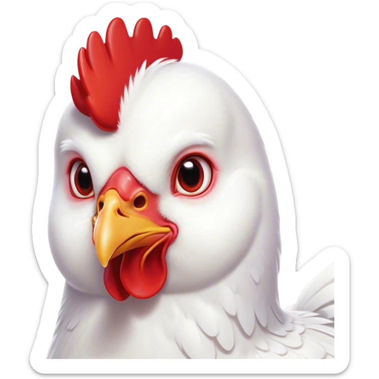 Cinematic Cute White Chicken Portrait Emoji, Head tilted playfully and inquisitively, featuring smooth, immaculate white feathers and a delicate red comb, round, sparkling beady eyes filled with curiosity, Simplified yet irresistibly adorable features, highly detailed, glowing with a warm, friendly glow, high shine, affectionate and lively, stylized with a touch of farmyard whimsy, bright and endearing, soft glowing outline, capturing the essence of a mischievous yet loving chicken, so playful it feels like it could peck out of the screen and into your arms! sticker