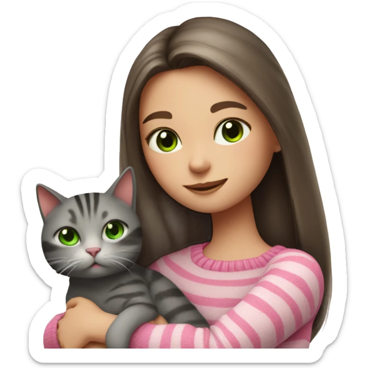 Brunette girl with long hair and green eyes in a pink sweater hugs a gray striped cat. The cat has brown eyes sticker