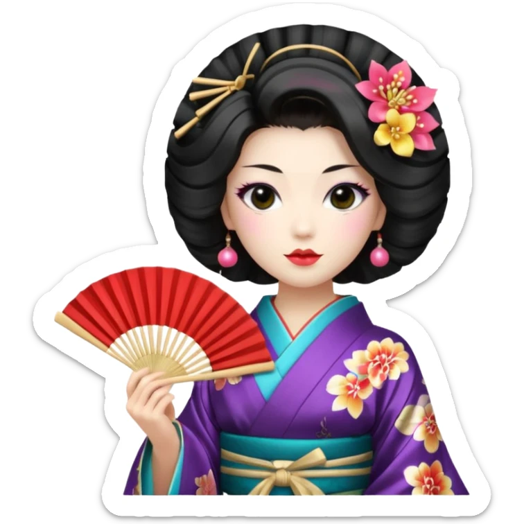 a traditional geisha japanese woman wearing a kinono holding a folding fan elegantly sticker