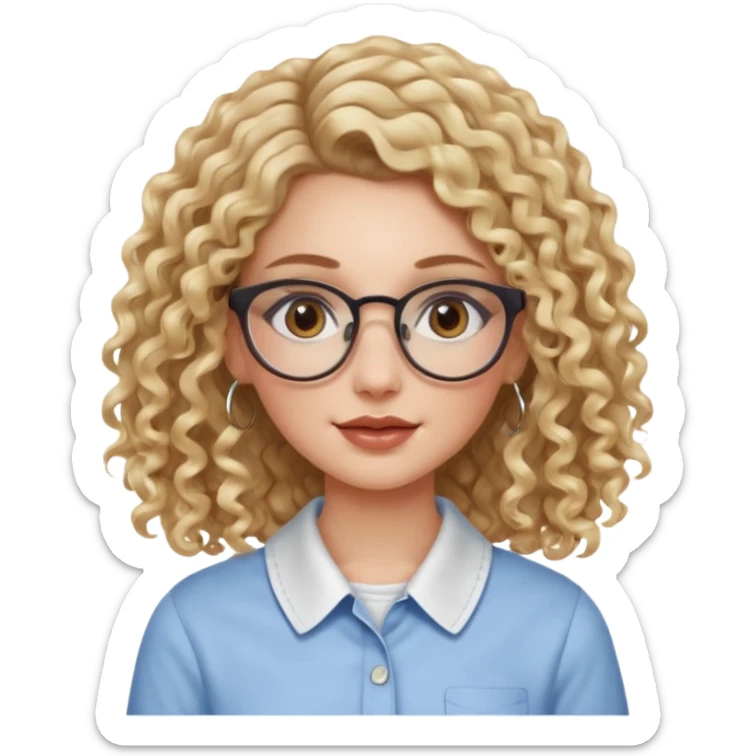 cute white girl with not volominous VERY LONG blonde curly hair with balayage, brown eyes, full lips, natural clean girl makeup and hoop earrings and square glasses, collared shirt sticker