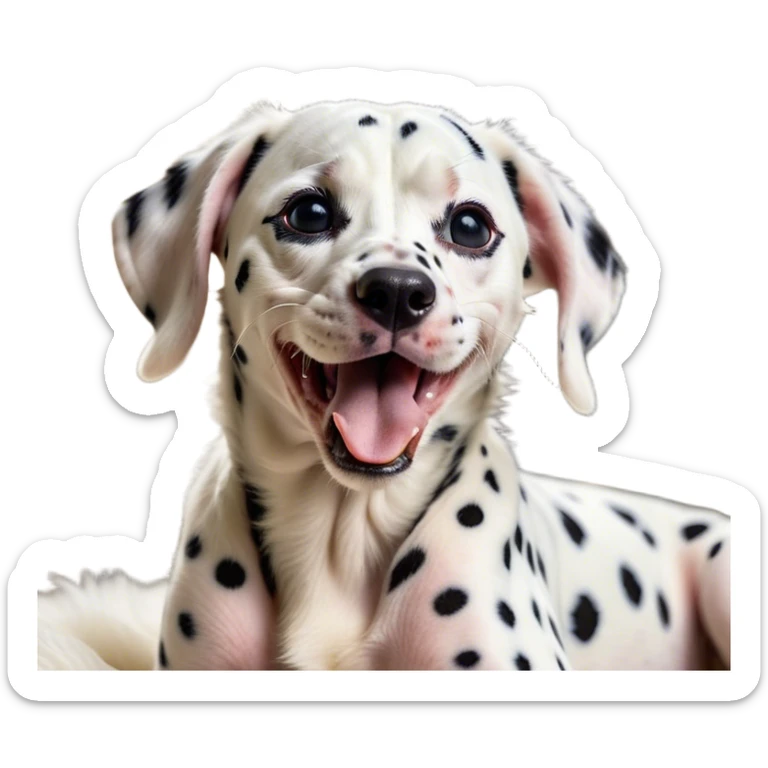 Cinematic Cute Yawning Spotted Dalmatian Portrait Emoji, Head tilted slightly with a dramatic, wide-open yawn, showcasing a smooth Fur of predominantly white with bold black patches, floppy ears slightly drooping, round eyes barely open in drowsy contentment, Simplified yet irresistibly adorable features, highly detailed, glowing with a soft, cozy glow, high shine, relaxed yet expressive, stylized with a touch of whimsy, bright and endearing, soft glowing outline, capturing the essence of a sleepy yet affectionate guardian, so drowsy it feels like it could stretch out of the screen and curl up for a nap! sticker