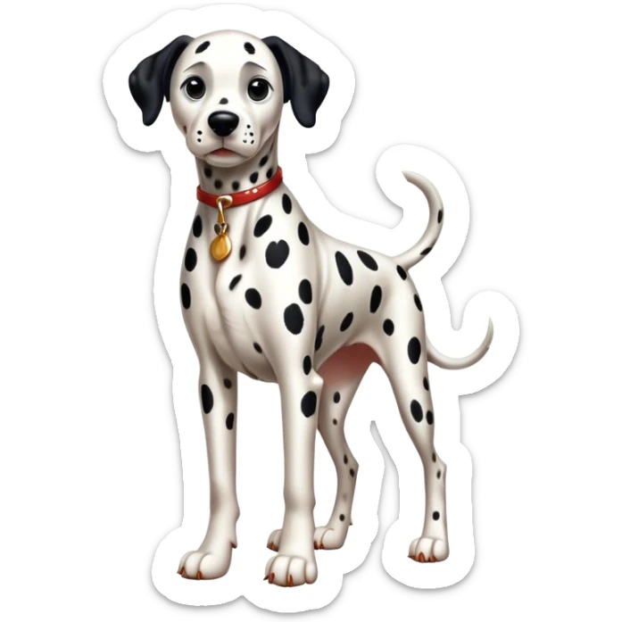 Cinematic Realistic full-body portrait of a Dalmatian dog, rendered with glossy, meticulously detailed spotted fur and expressive, alert eyes, set against a clean, neutral backdrop that highlights its regal and athletic stance. sticker