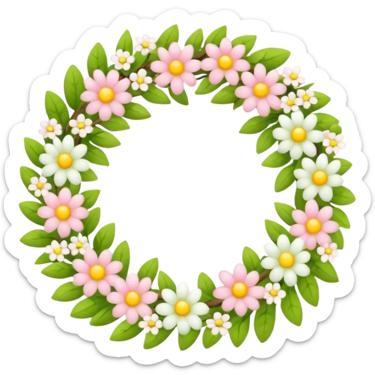 flower wreath with yellow, pink and white and green pastel colors, in a shape of an egg sticker