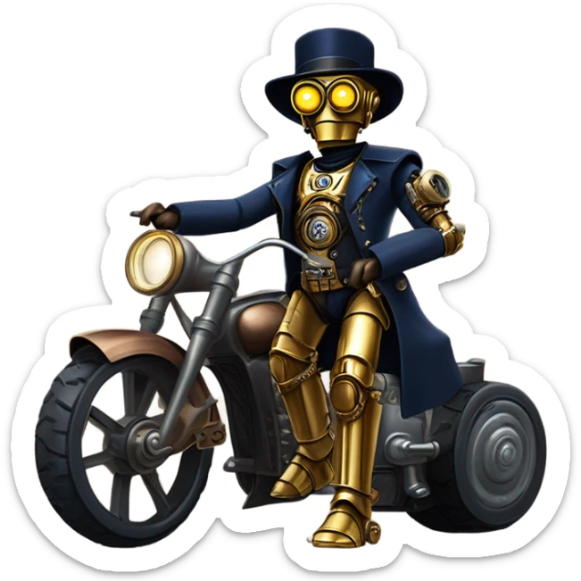 Old west Bounty hunter C-3PO wearing a pair of navy-blue rimmed steampunk goggles, hat, leather chaps, fringe jacket riding a relaxed 3 wheeler trike steampunk motorcycle in desert town  sticker