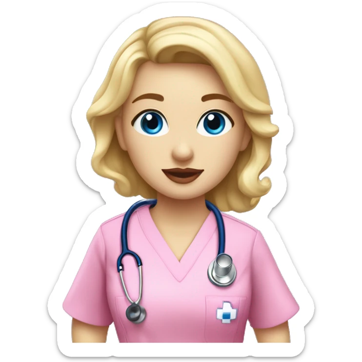 Blonde girl blue eyes nurse in royal blue scrubs with curtain bags wearing a Stethoscope and pink lips  sticker