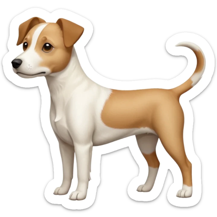 a full body facing front on of a buff white beagle cross jack russell terrier looking dog the size of a kelpie with light brown long ears resting on its face and a light brown patch above one eye and a large snout. the rest of the dog is completely white.  sticker