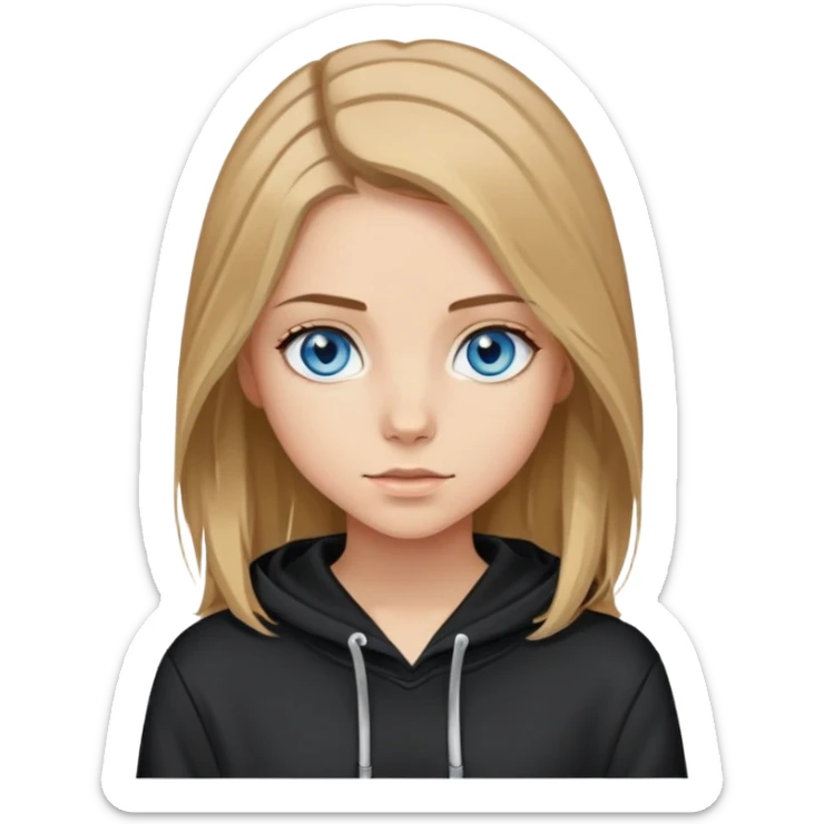girl with blue eyes, shoulder-length brown hair with blonde highlights, wearing a black hoodie sticker