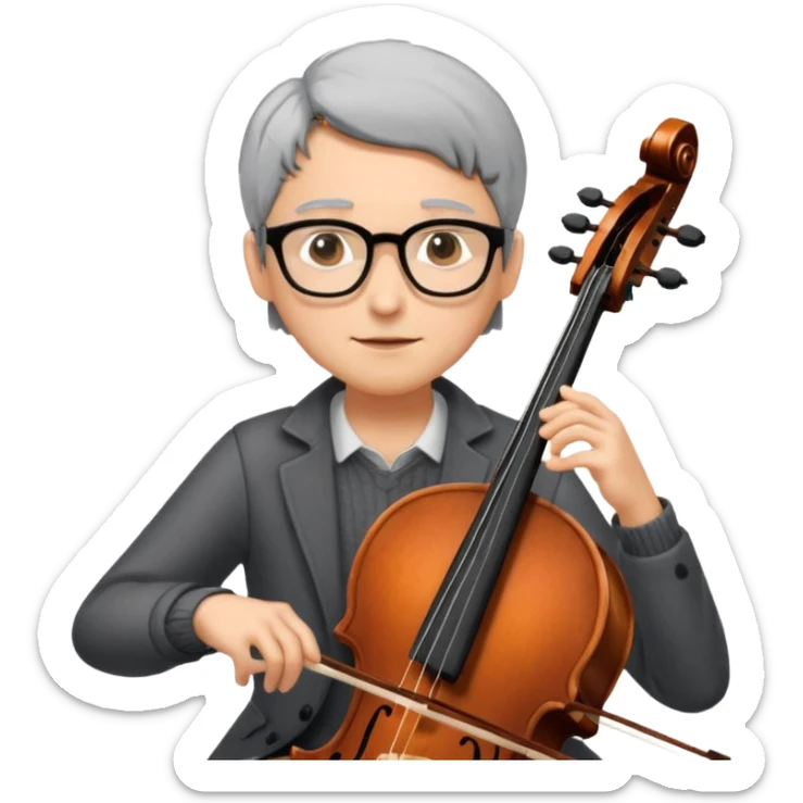 an emoji of my mum playing the cello, she has short black-ish gray hair, wears glasses, she is small sticker