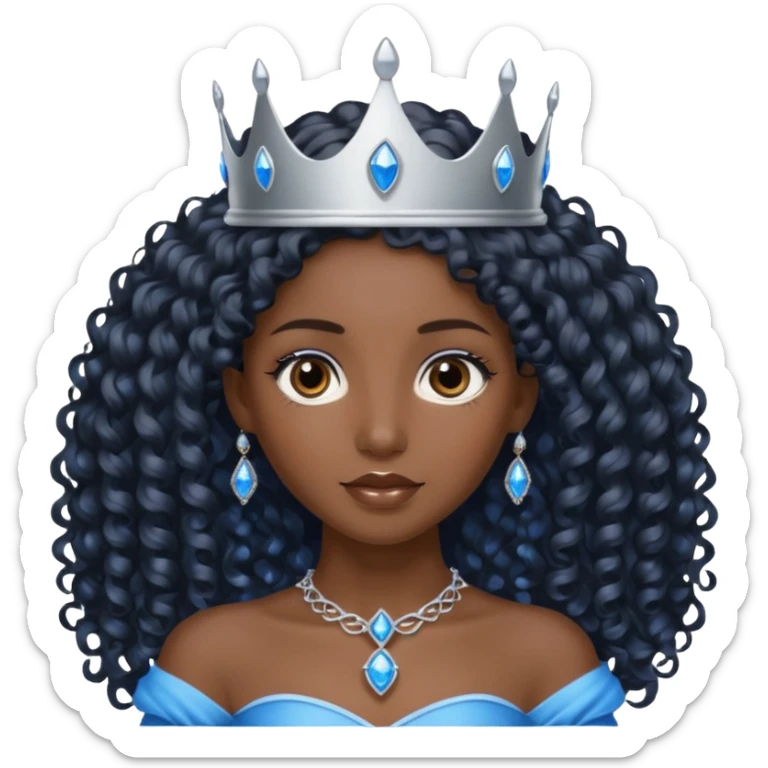 Por favor hazme el emoji de la princesa pero morena con el pelo negro y rizado y largo, los ojos marrones y la corona plateada con jollas azules sticker