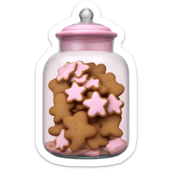 Realistic glass cookie jar with light pink lid full of gingerbread cookies isolated.  sticker