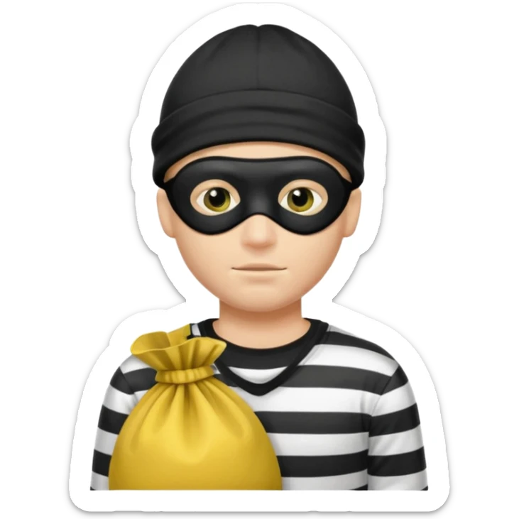 A Robber Emoji, the robber is Male, has a Black Beanie hat, has a shirt with black and white stripes, a black mask thing around his eyes, and a yellowish money bag on his hanging right shoulder, we can only see his upper body from his chest and his face he has NO facemask. sticker