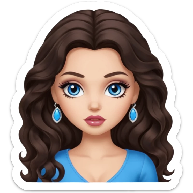 pretty bratz baddie, long dark brown wavy hair, pretty makeup, long lashes, pretty blue eyes sticker