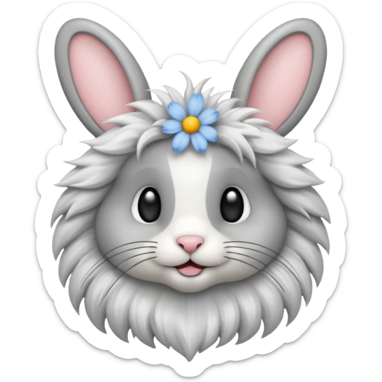 een grijs konijn met oren naar omlaag met een bloemetje sticker