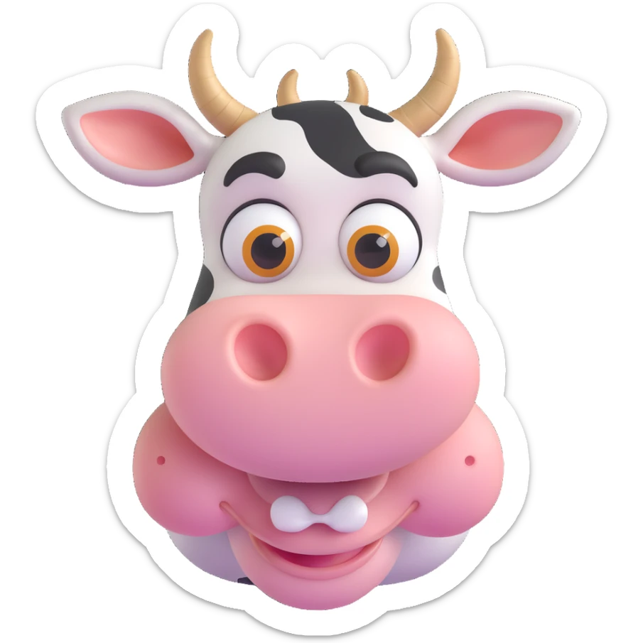 cute evil cow, big eyes, mischievous smile, small horns, playful but sinister vibe sticker