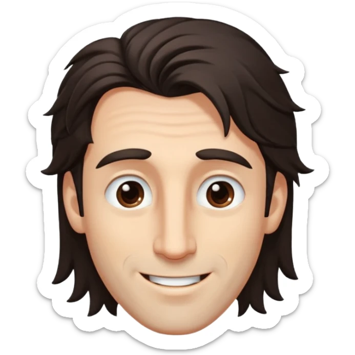 Handsome white man with big brown eyes long nose and dark brown messy hair cover his forhead and hair coming in eyes sticker