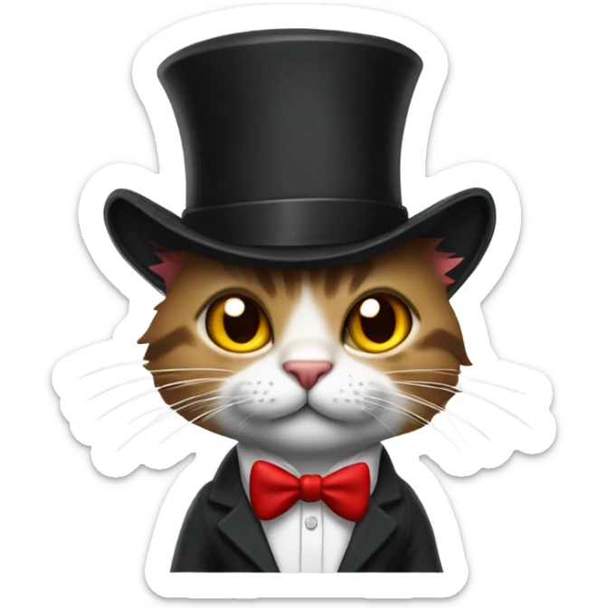 Cat with a top hat wearing a suit and tie and black ripped jeans with a fluffy tail and sharp claws and red gloves sticker