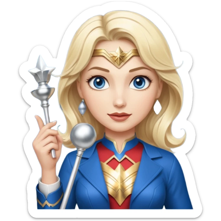 Blonde blue eyes Wonder Woman holding bell and short white orchestra conductor’s baton  sticker