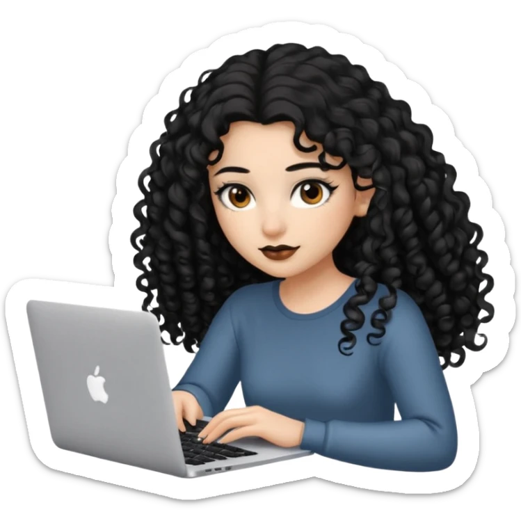 a girl typing mac book air with long black curly hair and brown eyes with winged black eyeliner sticker