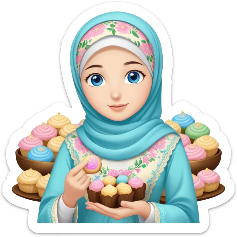 Turkish beautiful finish Konya girl blue eyes with pastel floral hijab islamic dress and had on her hand text Eid Mubarak with sweets and celebrating with her friends eid days   sticker