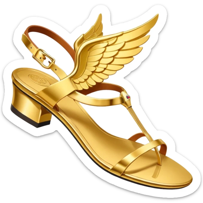 a single gold winged sandal of hermes (talaria), pointed down in mid air as if it is flying. minimalist. sticker