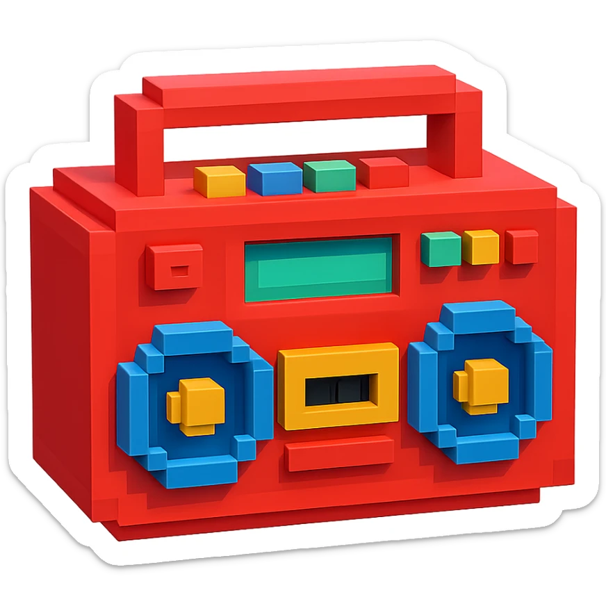 A boombox in voxel style, front view, red color sticker