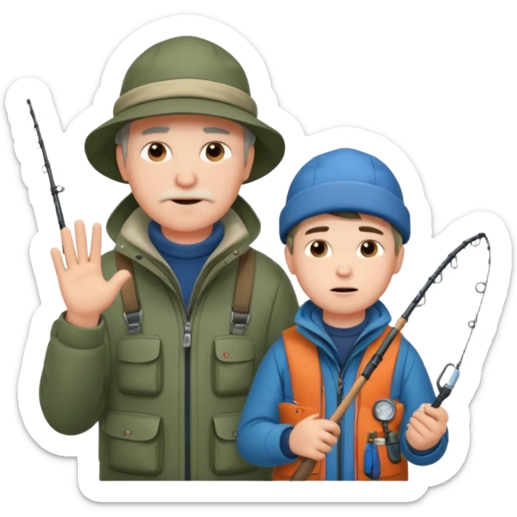 Father and son in fishing gear gesturing that they are cold sticker