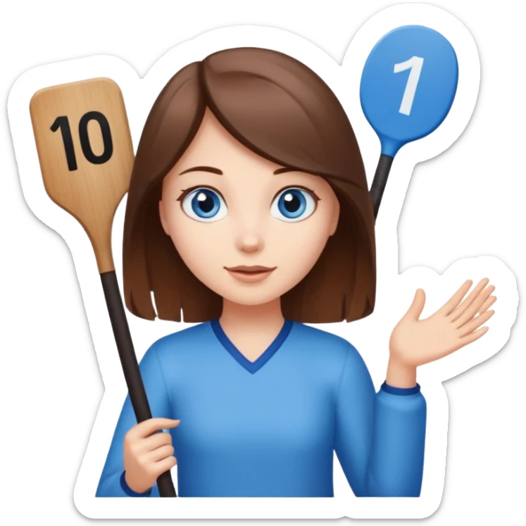 White skinned girl with blue eyes brown hair holding up a score paddle with a 10 on it  sticker