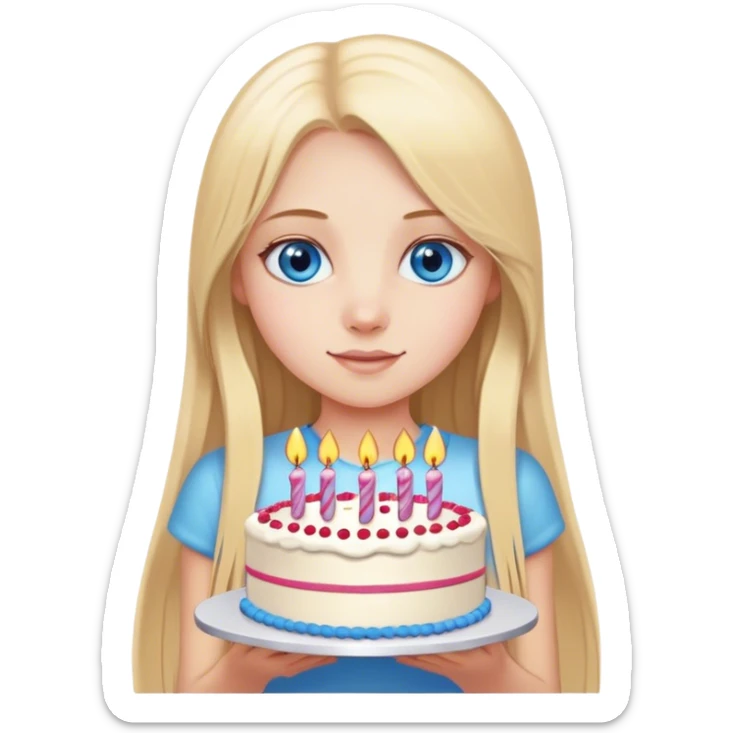 Straight long blonde hair blue eyes girl holding birthday cake sticker