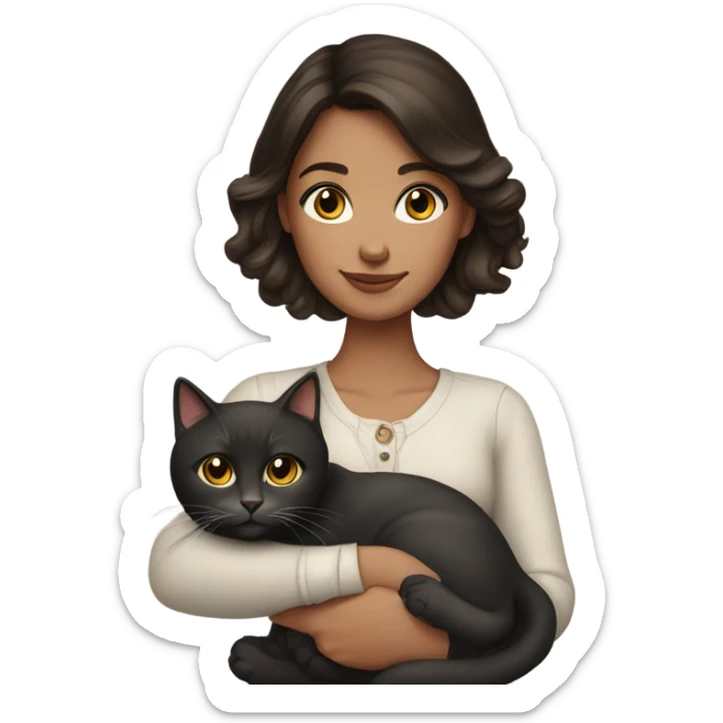 portrait of a beautiful brunette girl holding a cat sticker