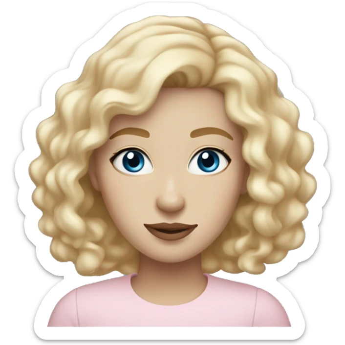 Pale white 25 year old woman with blue eyes, Long blonde and a little curly hair, light brown eyebrows, light pink lips sticker