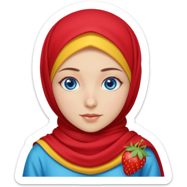 Turkish beautiful finish Konya girl blue eyes with red yellow summer hijab islamic dress and had on her hijab long tailed dresses strawberry  sticker