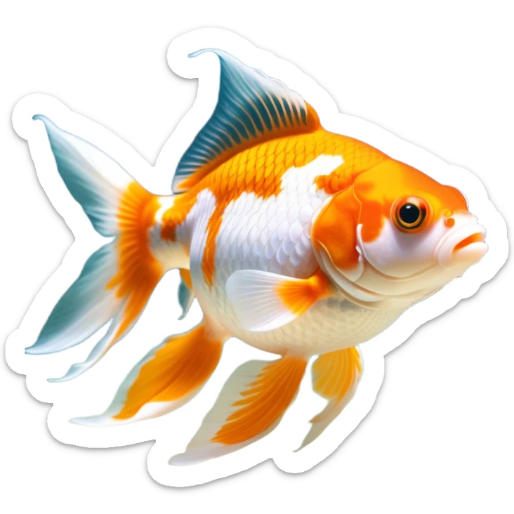 Cinematic Noble Orange and White Goldfish Portrait Emoji, Poised and regal, with a sleek, streamlined build and a vibrant body featuring a harmonious blend of orange and white hues, deep-set soulful golden eyes, Simplified yet sharp and sophisticated features, highly detailed, glowing with a soft, dignified glow, high shine, intelligent and graceful, stylized with an air of aquatic artistry, focused and attentive, soft glowing outline, capturing the essence of a watchful and confident aquatic companion, so majestic it feels as though it could glide out of the screen with effortless authority! sticker