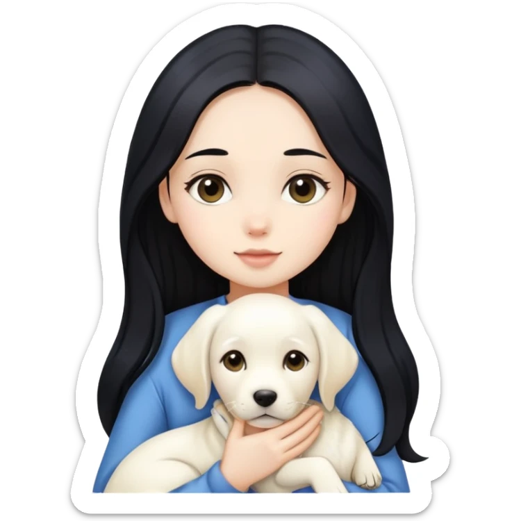 A beautiful girl with long black hair and fair skin is holding a white Labrador sticker