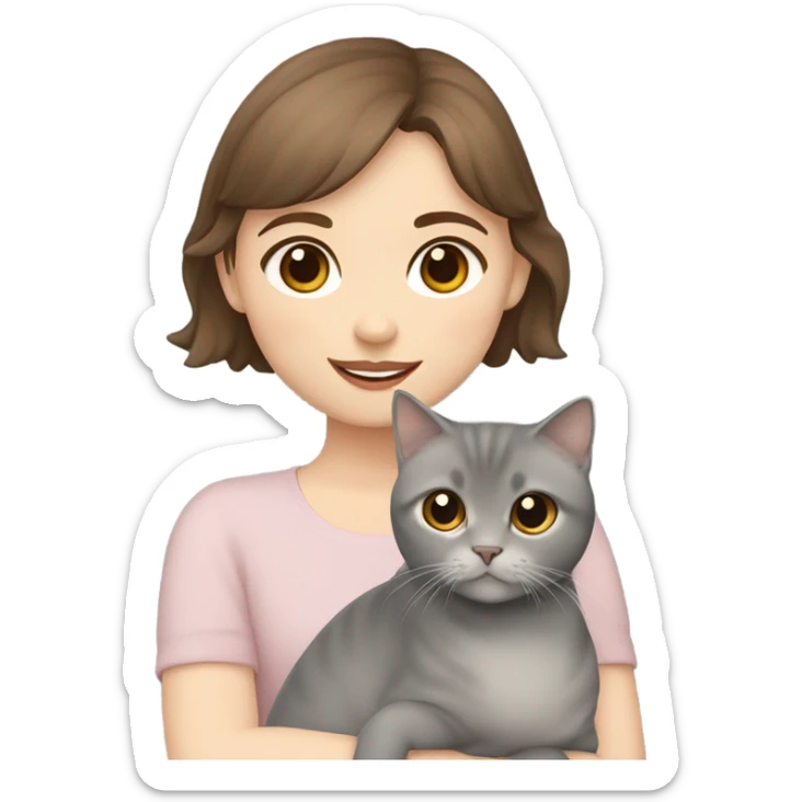 A girl with short brown hair and pale skin holds a grey scottish fold cat sticker