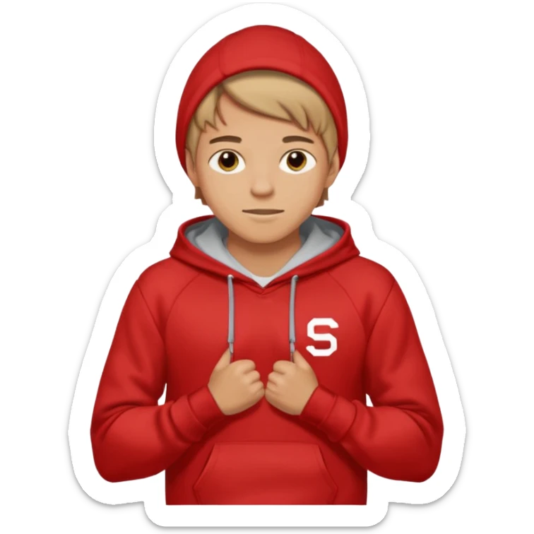make me an emoji of an americain 19 yearold boy in a red hoodie that says "south" on it and give him with tan skin with his hands in his hands in his pocket wth a small smile flexing his muscles sticker