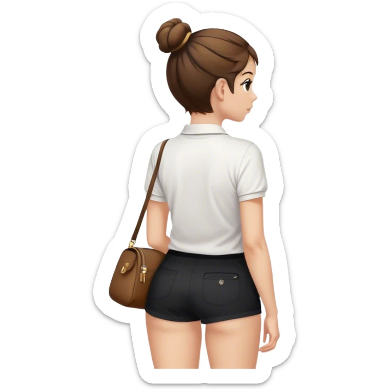 girl back view white polo black shorts brown hair in a bun with white bag sticker