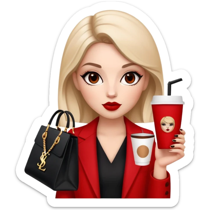 Aries girl core aesthetic, bold red and black outfit, memoji-style avatar, YSL shopping bag, espresso drink, clean minimal background, boss babe mood, street chic style, bold makeup. sticker