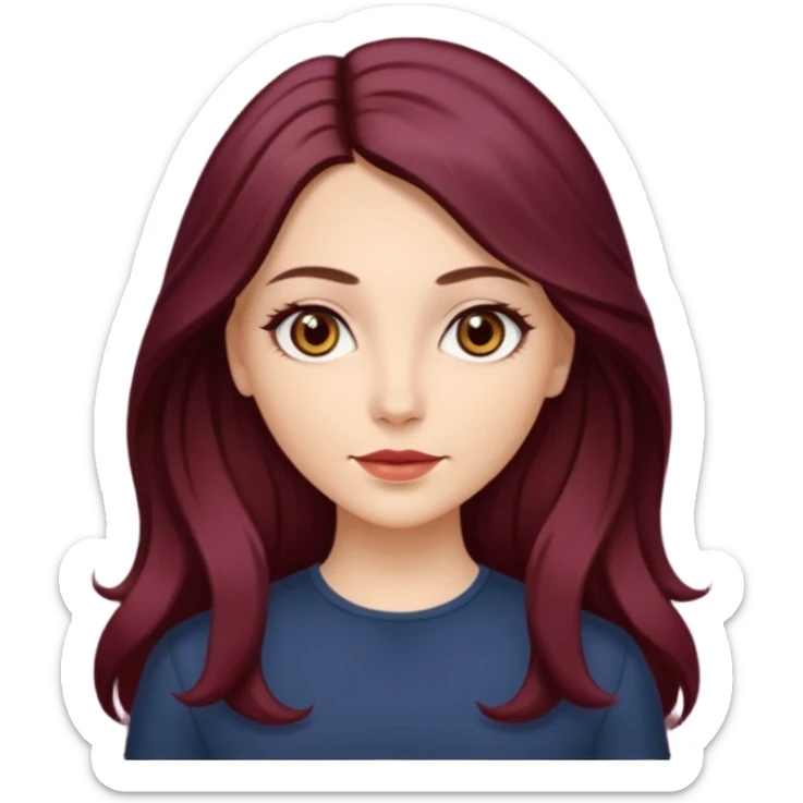 young white woman 
brown almond eyes
Long waist-long hair, center parted
slightly wavy
dark burgundy hair sticker