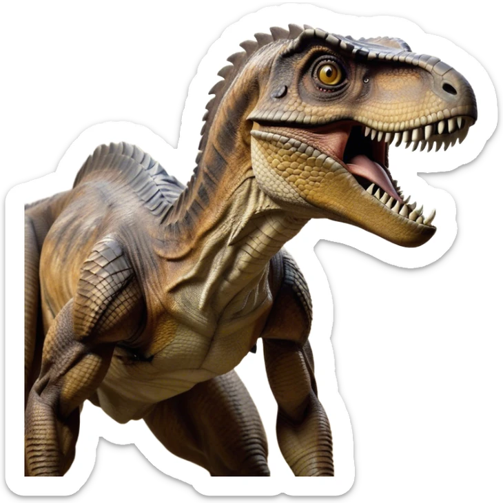 Cinematic Realistic Noble velociraptor/T-rex Portrait Emoji, Poised and imposing, with a massive, muscular build and a rugged, intricately scaled hide in ancient earthy tones, a sharply defined, fearsome head with piercing, primal eyes rendered in lifelike detail, high shine, intelligent and formidable, styled with an air of prehistoric authority, focused and attentive, soft glowing outline, capturing the essence of a watchful and confident velociraptor/T-rex that appears ready to roar out of the screen with timeless power! sticker