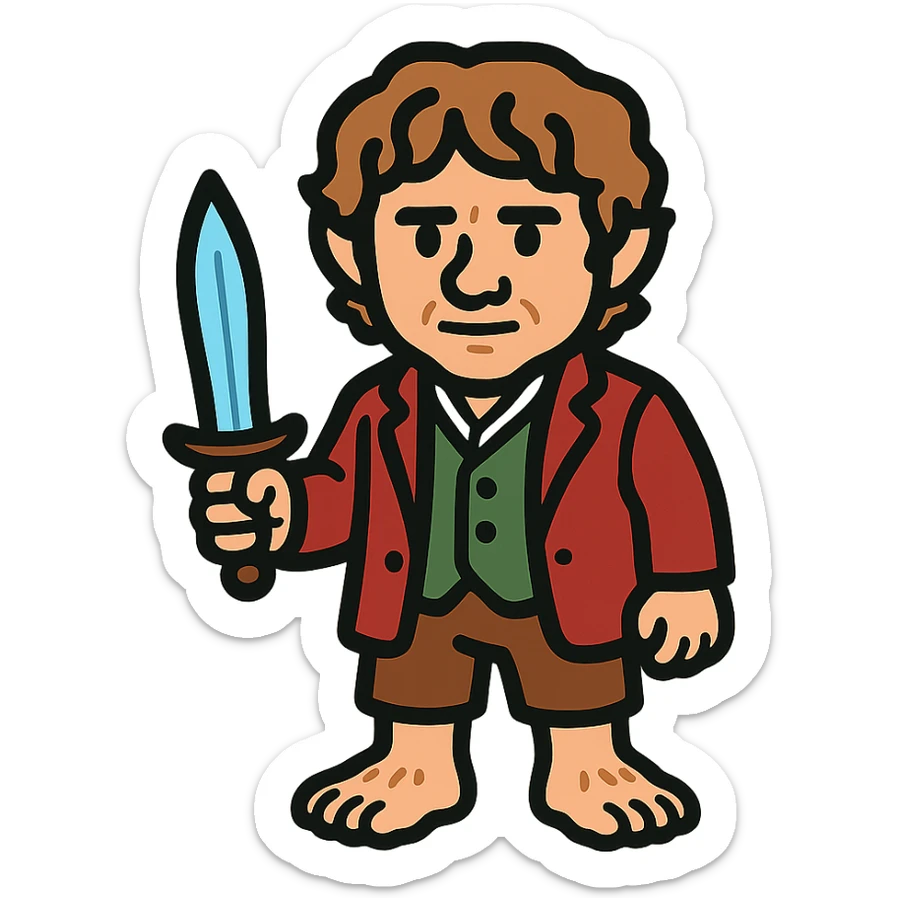 Whole body image of bilbo baggins from the hobbit movie in pixel art style. Bilbo is younger. Make Bilbo look like the actor that portrayed him in the movie, Martin Freeman. Bilbo is wearing the same red jacket, green vest, white undershirt, brown leather short pants, and hairy hobbit feet. He is holding a short sword that is glowing with a blue hue.  sticker