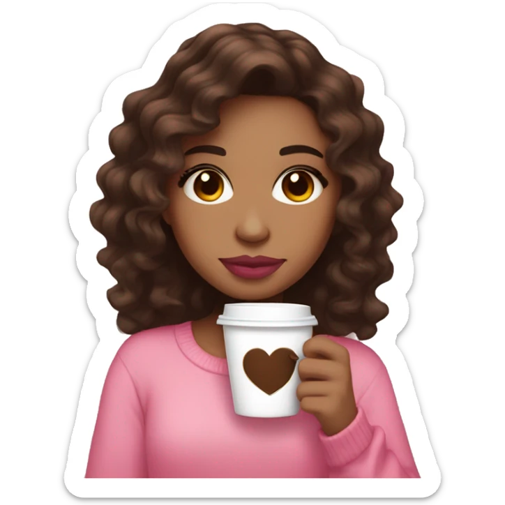 Light skin , dark brown wavy hair, pink lips , pink cheeks, holding coffee, cozy sticker