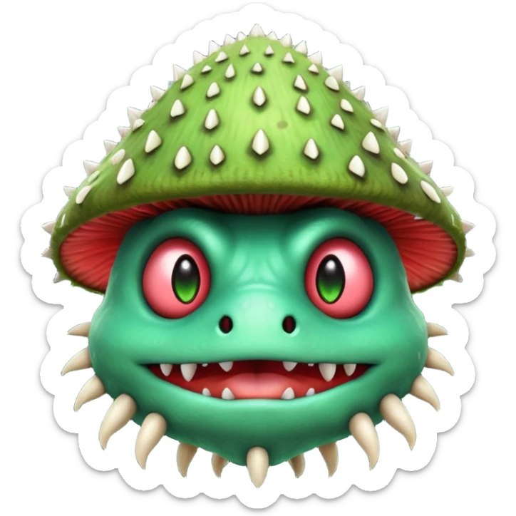 poisonous mushroom monster portrait, head and shoulders only, animal-like creature, mushroom cap head with spikes, toxic green glow, beast-like eyes, furry neck details, monstrous but cute fantasy vibe, 3D cartoon, mobile game icon style, clean background, no text, no watermark

 sticker