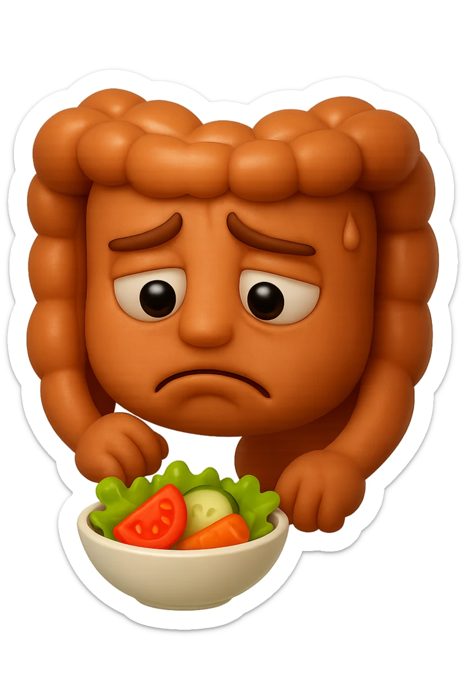 EMOJI STILE IPHONE DI UN INTESTINO UMANO ANATOMICO CHE GUARDA UN INSALATA CON ESPRESSIONE TRISTE E RASSEGNATA IN VOLTO: SOFFRE LA FAME PERCHé è A DIETA, FAGLI ANCHE LA PARTE BIANCA DEGLI OCCHI, NON SOLO LE PUPILLE, IPERREALISTICO 4K sticker