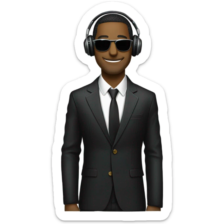 Man with sunglasses DJ black jacket skinny tie headphones scratching records sticker