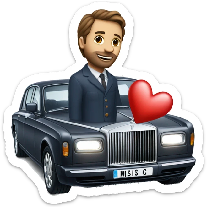 man with brown hair hold heart in the ice cube near rolls royce that has car nuber "miss you"   sticker