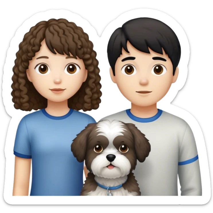 Quiero una pareja joven con un perro shitzu blanco y gris. La chica con pelo rizado marron pero con el flequillo liso. El chico con el pelo liso negro, piel blanca y sin barba sticker